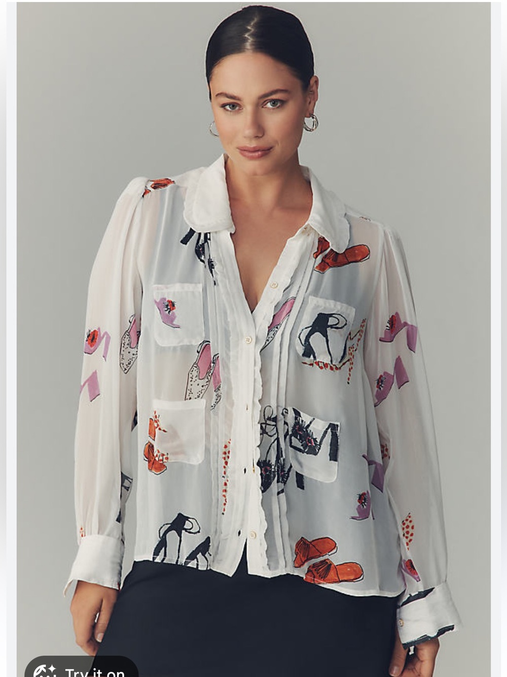 Anthropologie Maeve Danielle Kroll Artwork Sheer Chiffon Button Up Shirt Top